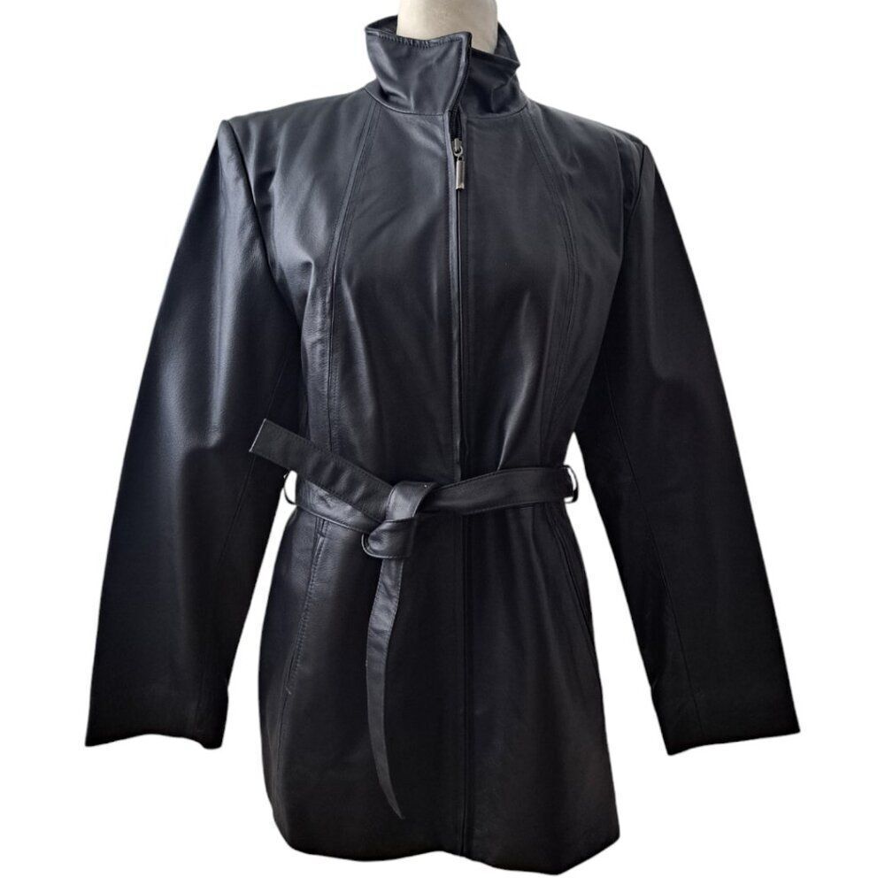 Worthington Women's Black Leather Jacket Belt Long Sleeves Front Zipper Medium